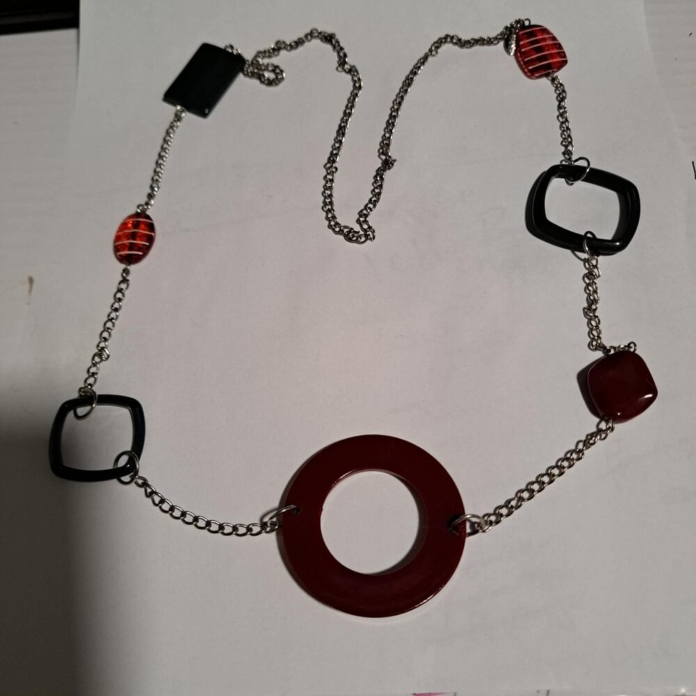 LBVYR long necklace with burgundy, red and grey oval, rectangle and open squares